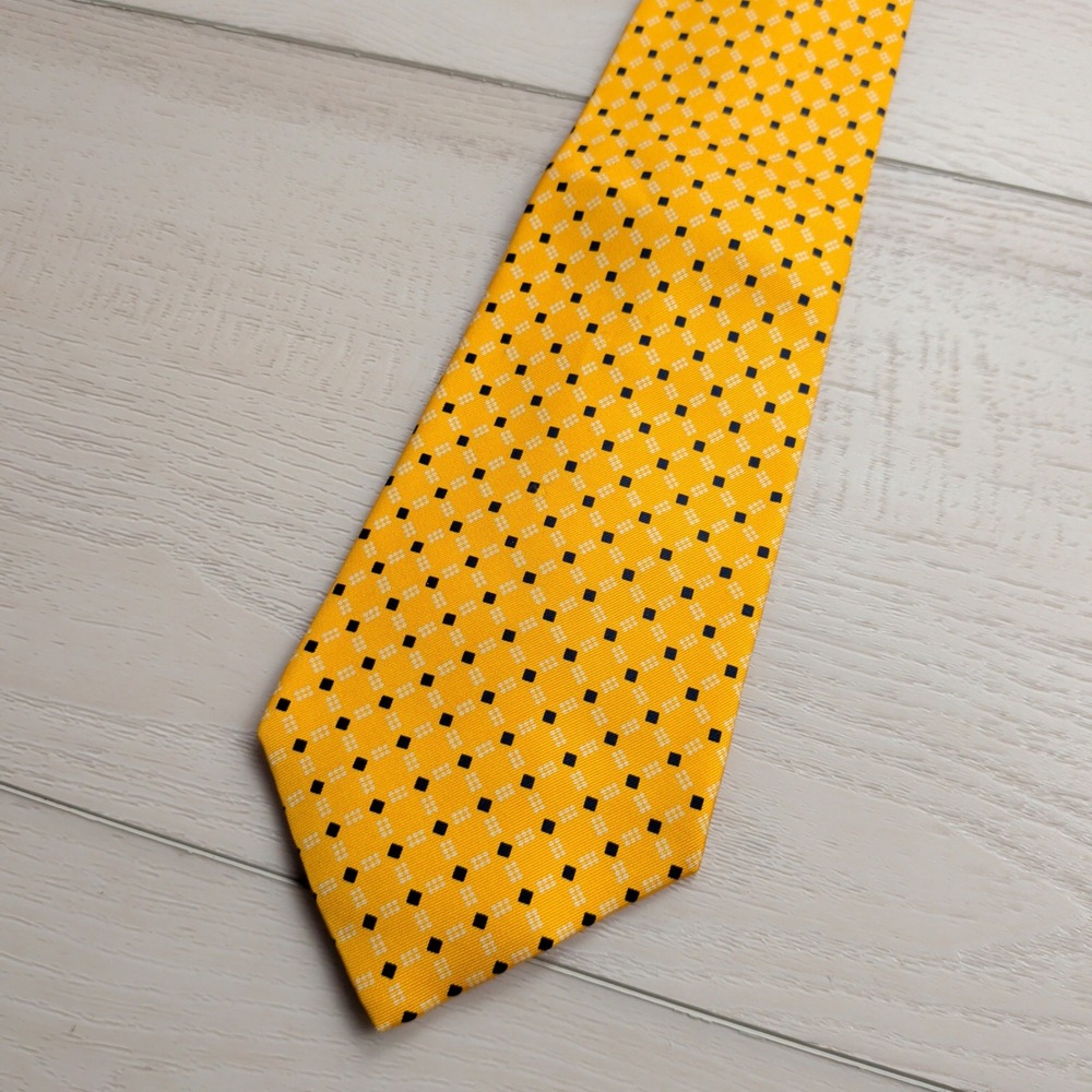 Polo‎ Ralph Lauren Mens Yellow Geometric Silk Tie Navy Square Hand Made in USA